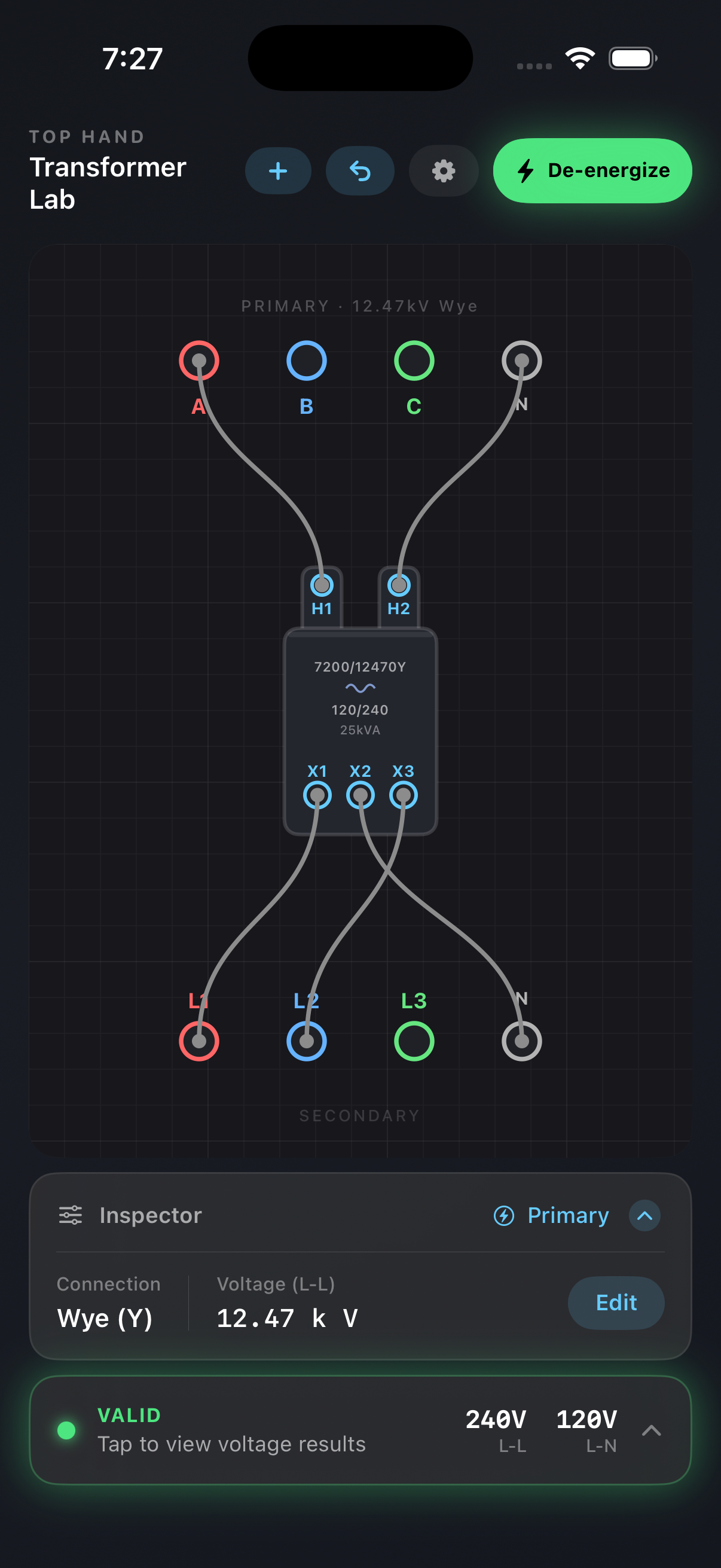 Top Hand app showing a valid single-phase transformer connection with 120/240V secondary voltages