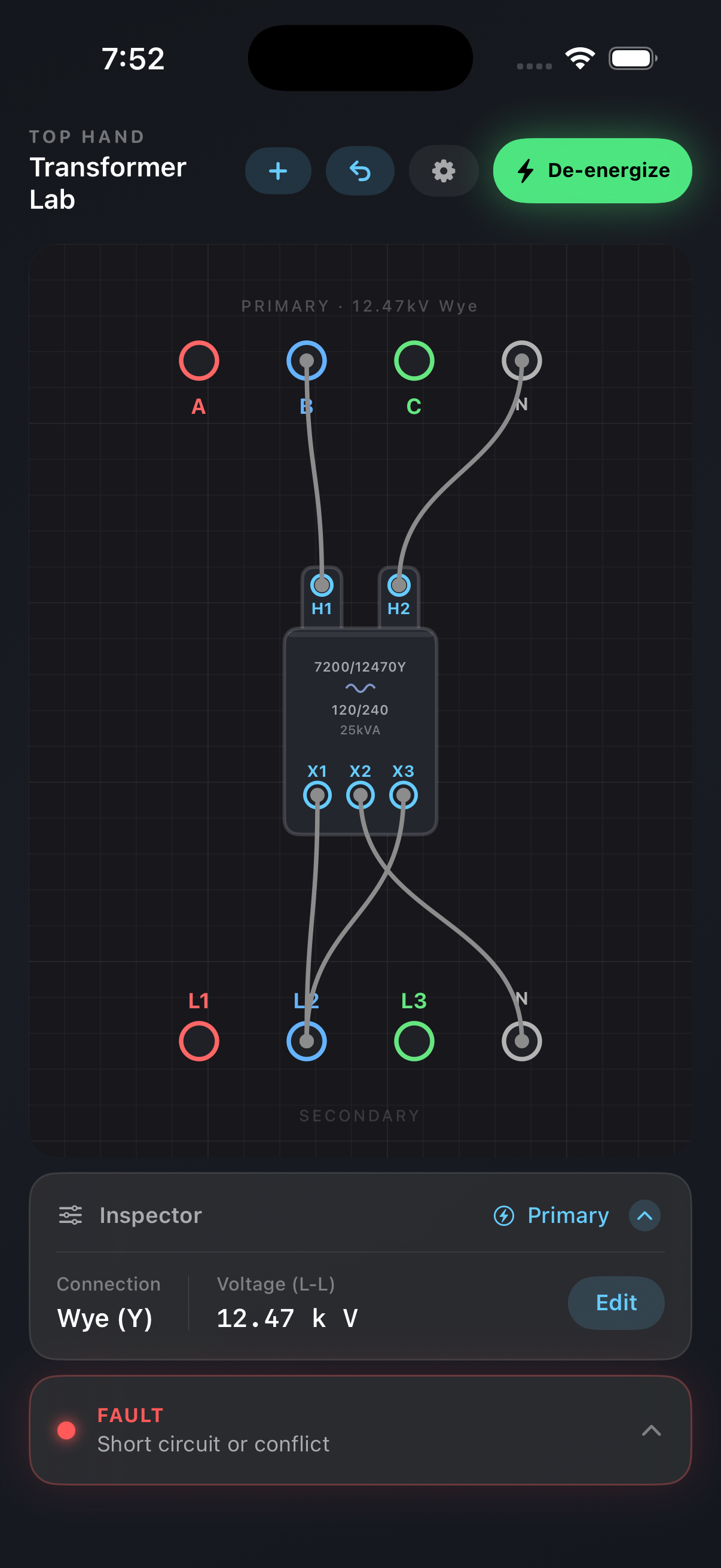 Fault detection showing short circuit identified with highlighted problem wires