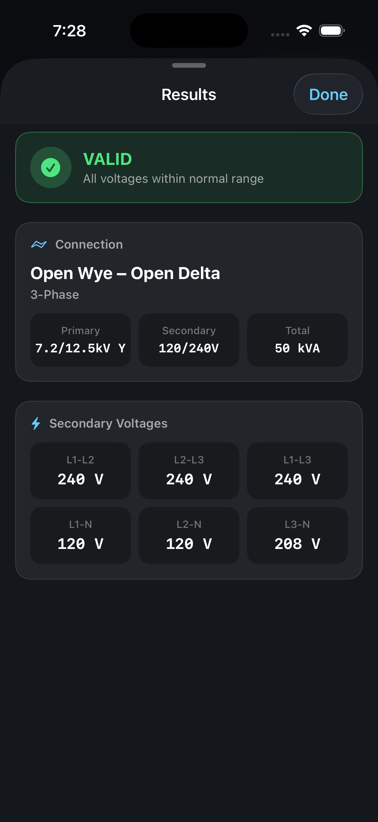 Detailed voltage results table showing phase-to-phase and phase-to-neutral measurements